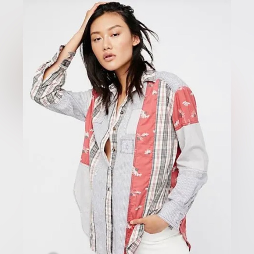 Free People Patchwork Distressed Plaid Button Dow… - image 2